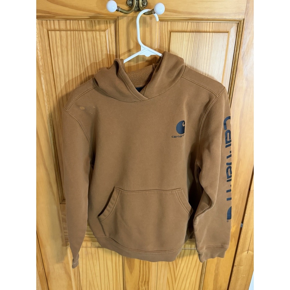 Carhartt Youth XL Fall Brown Hoodie Logo Sleeve Pullover Sweatshirt ***READ***